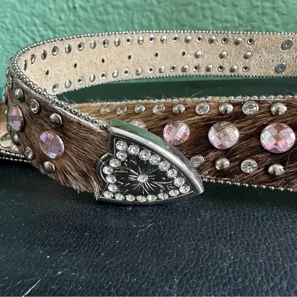 Cowhide Calf Hair On Pony Leather Studded Cross Silver Crystals Western Belt Kamberley Cross Stud Leather Black Calf Hair Belt 6091  main image 3